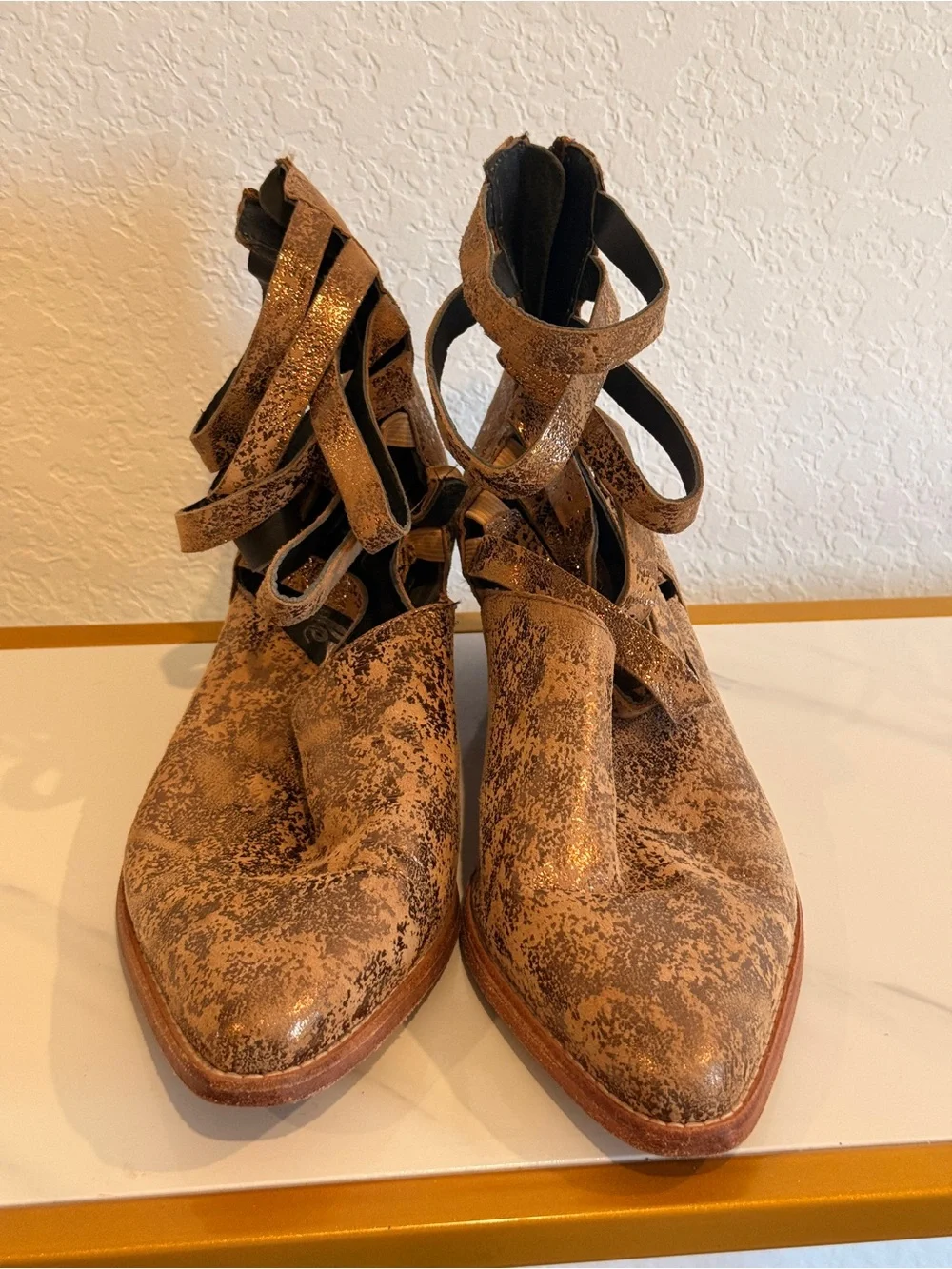 Women's Metallic Brown Strappy Ankle Boots